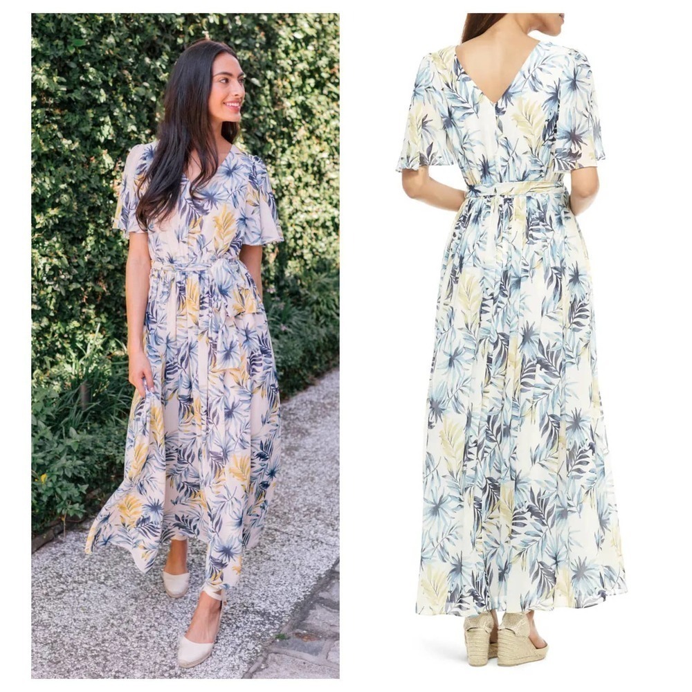 GAL MEETS GLAM COLLECTION Kiki Leaf Print Chiffon Maxi Dress (8P)